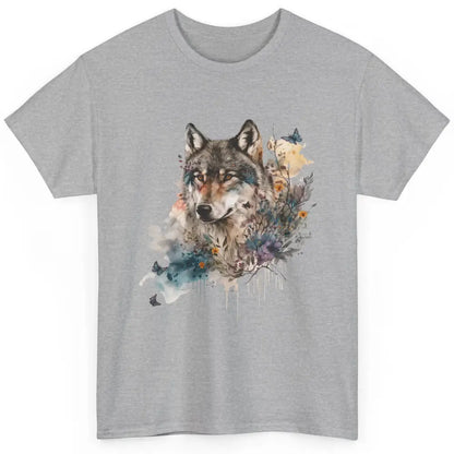 Watercolor Wolf Face Howl Butterfly Wolves Wild Animal Retro Classic Unisex T-Shirt