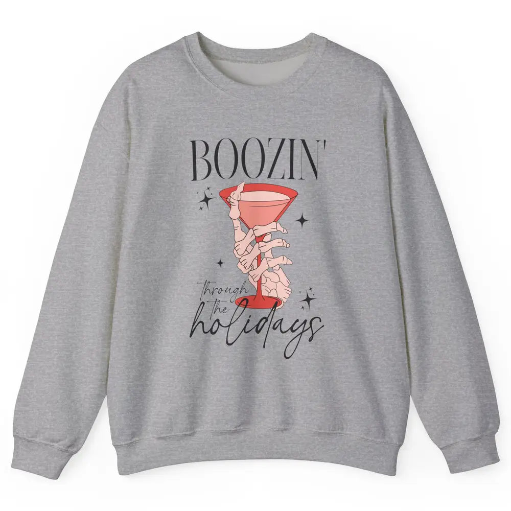 Boozin’ Through The Holidays Christmas Drinking Wine Glass Unisex Crewneck Sweatshirt