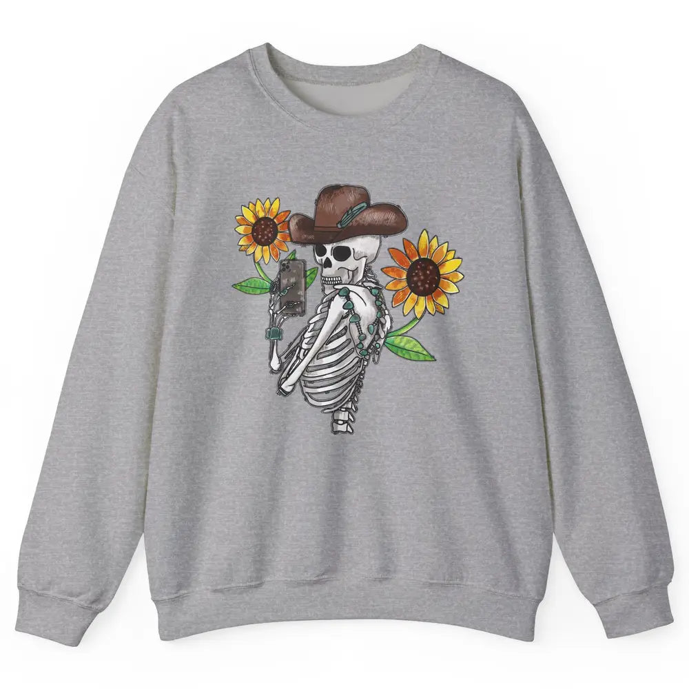 Western Cowboy Hat Skeleton Sunflower Funny Skeleton Selfie Unisex Crewneck Sweatshirt