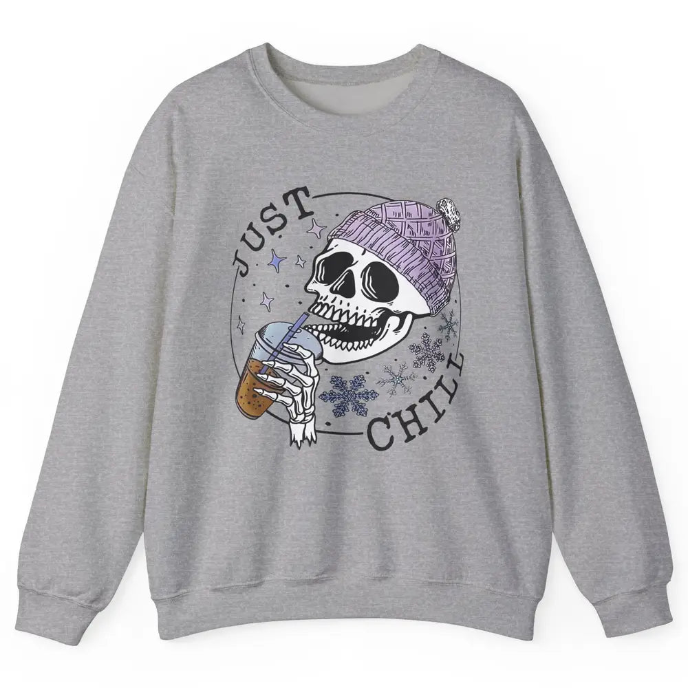 Funny Skeleton Coffee Just Relax Snowflakes Christmas Unisex Crewneck Sweatshirt