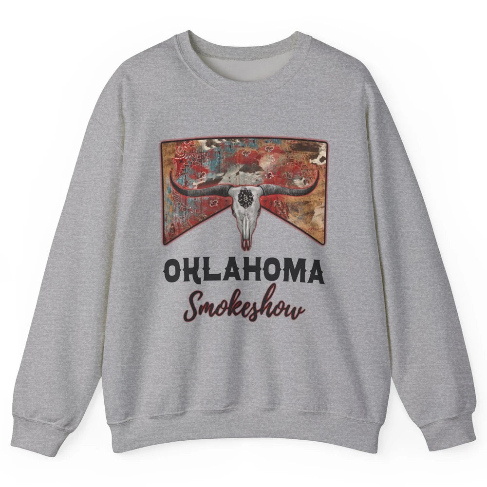 Boho Bull Skull Cow Print Oklahoma Smokeshow Western Country Unisex Crewneck Sweatshirt