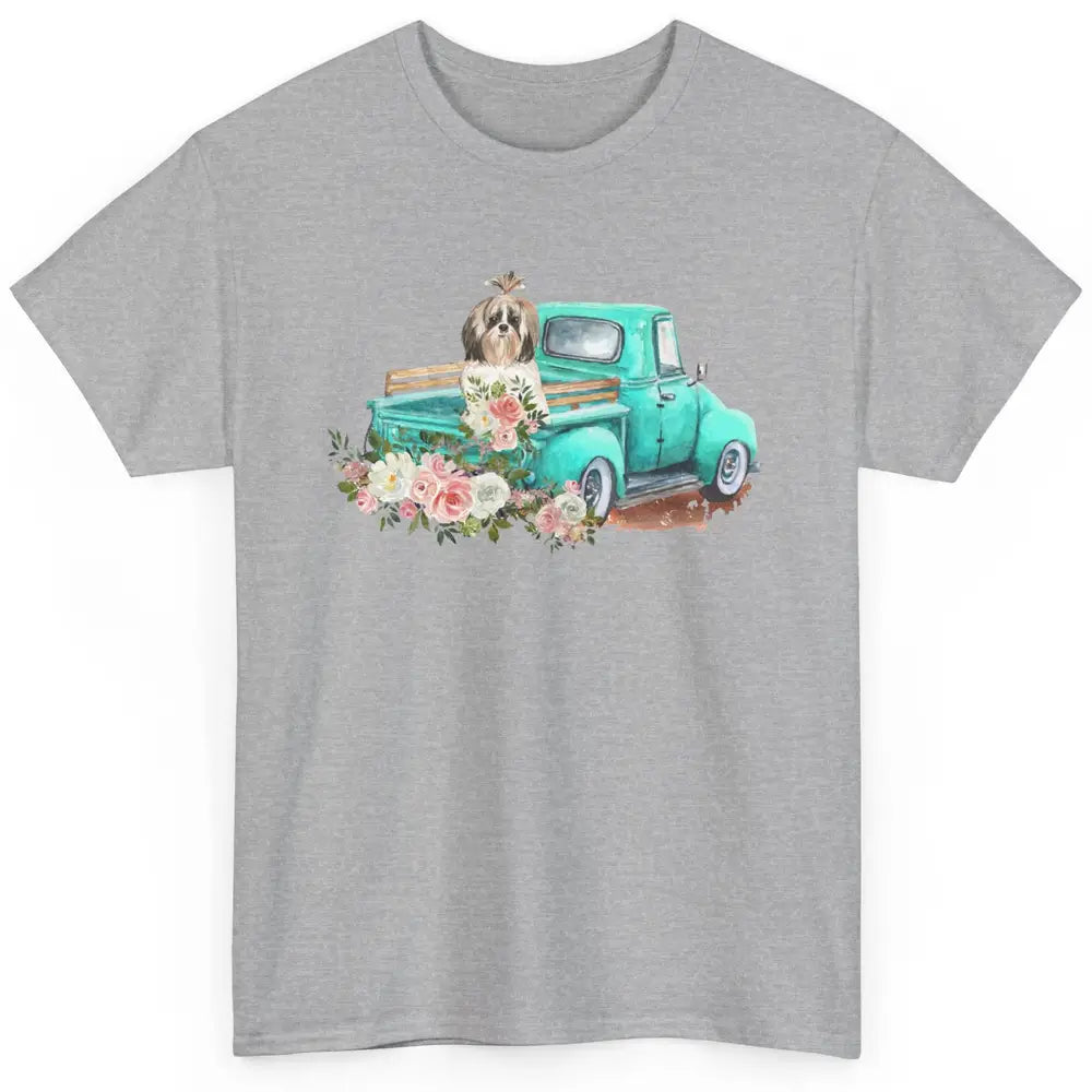 Cute Shih Tzu On Teal Truck Dog Lovers Retro Truck Christmas Classic Unisex T-Shirt