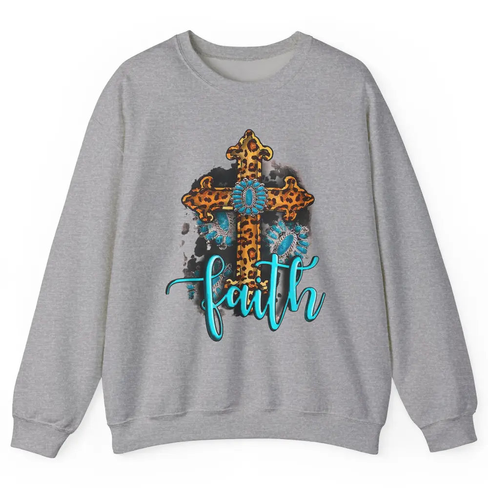 Western Gemstone Leopard Turquoise Cross Faith Jesus God Unisex Crewneck Sweatshirt