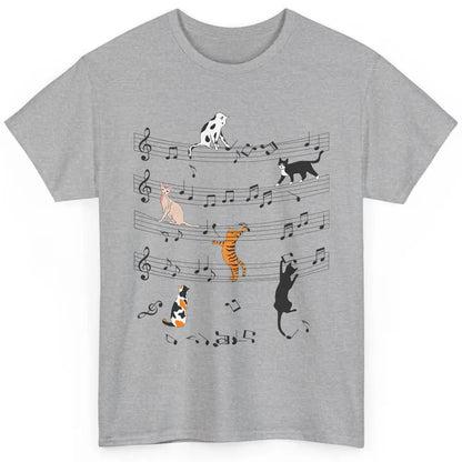 Cat On Music Sheets Cute Music Notes Funny Cat Musician Classic Unisex T-Shirt