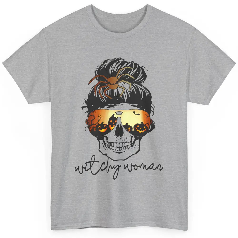 Witchy Woman Messy Bun Hair Skull Halloween Pumpkin Costume Classic Unisex T-Shirt