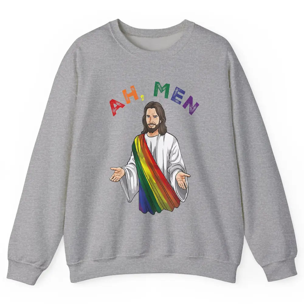 Ah Men LGBT Gay Pride Jesus Christian God Rainbow Flag Love Unisex Crewneck Sweatshirt