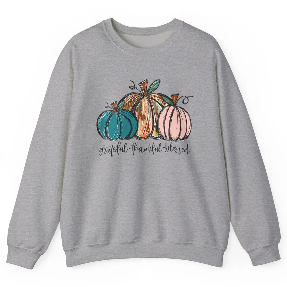 Grateful Thankful Blessed Doodle Pumpkin Fall Thanksgiving Unisex Crewneck Sweatshirt