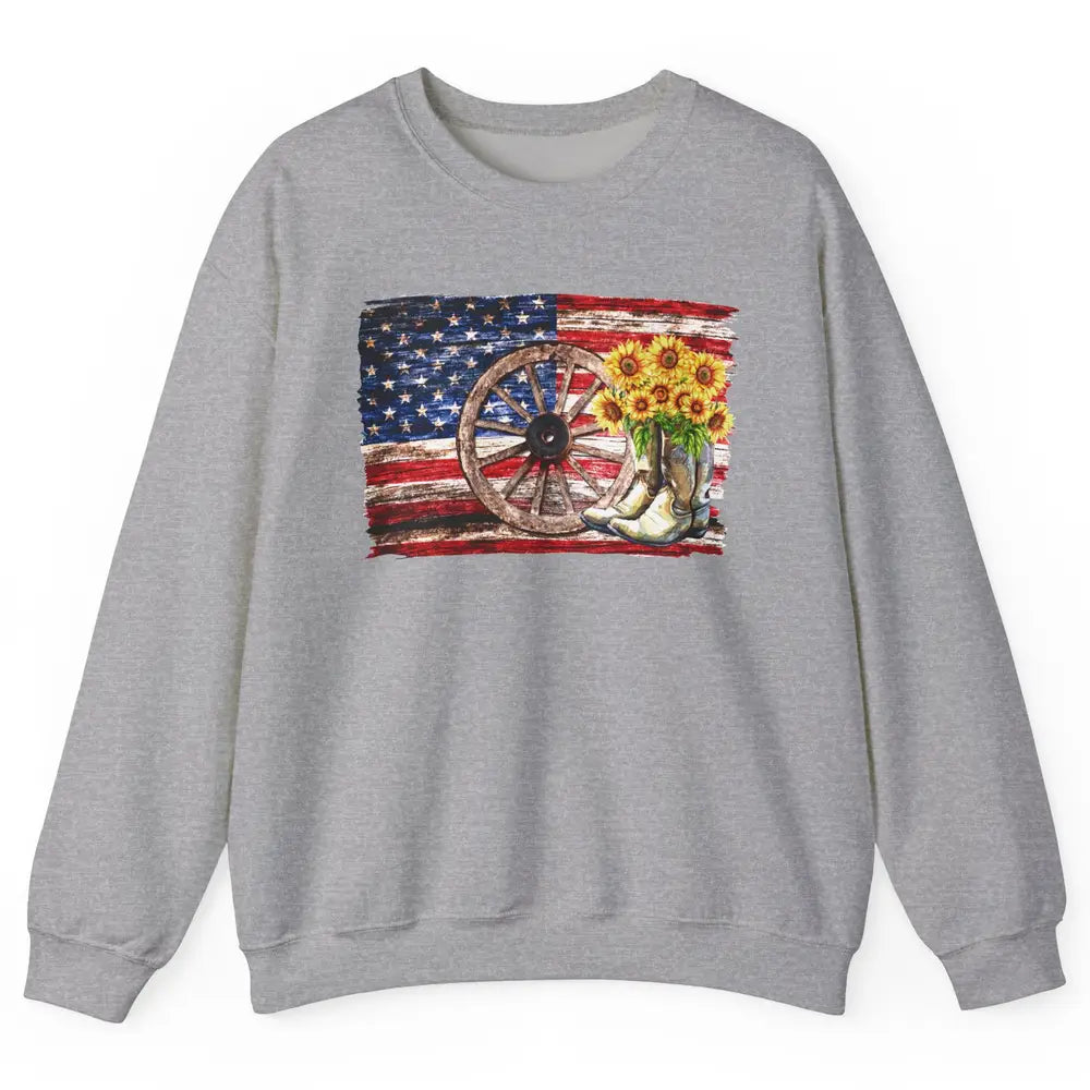 Retro US Flag Sunflower Cowgirl Boots Texas Cowboy Western Unisex Crewneck Sweatshirt