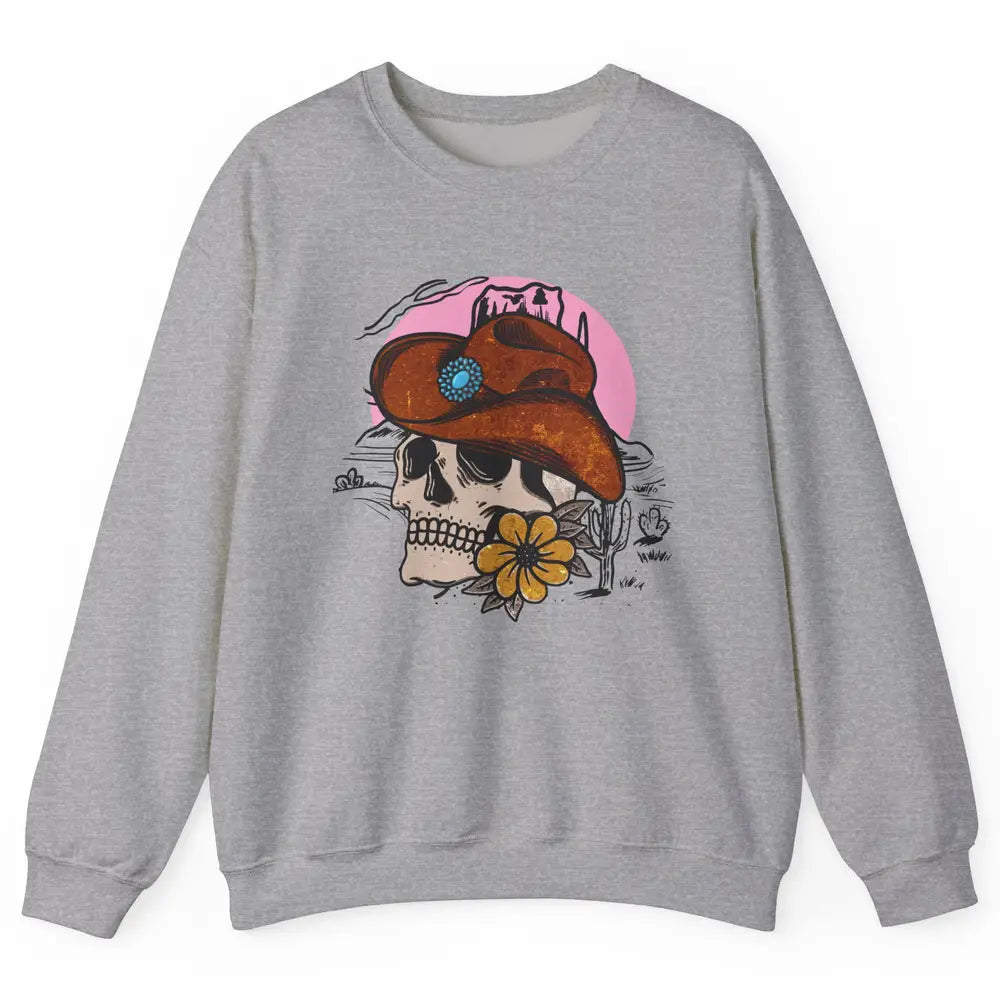 Skull Desert Cactus Cowboy Gemstone Hat Western Country Girl Unisex Crewneck Sweatshirt