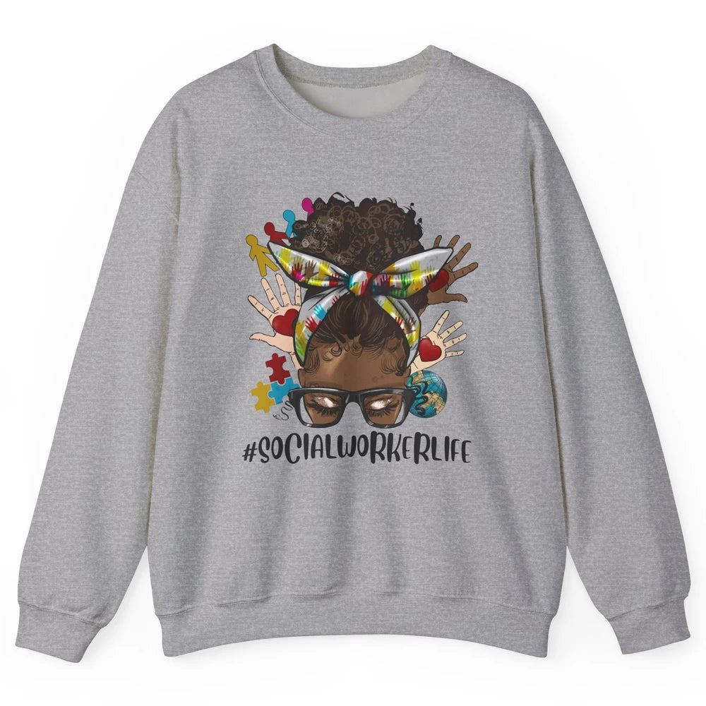 Social Worker Life Messy Bun Black Girl Glasses Be Kind Unisex Crewneck Sweatshirt