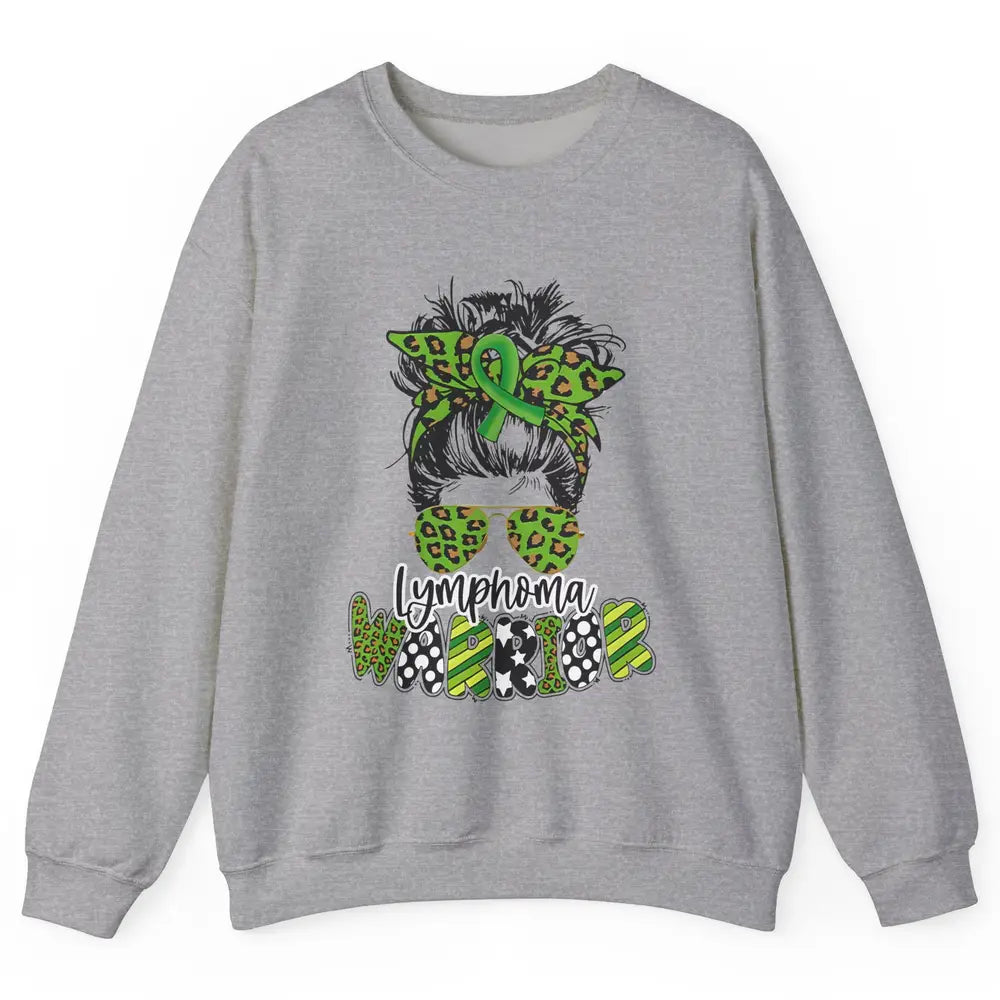 Warrior Fight Lymphoma Cancer Green Leopard Ribbon Messy Bun Unisex Crewneck Sweatshirt