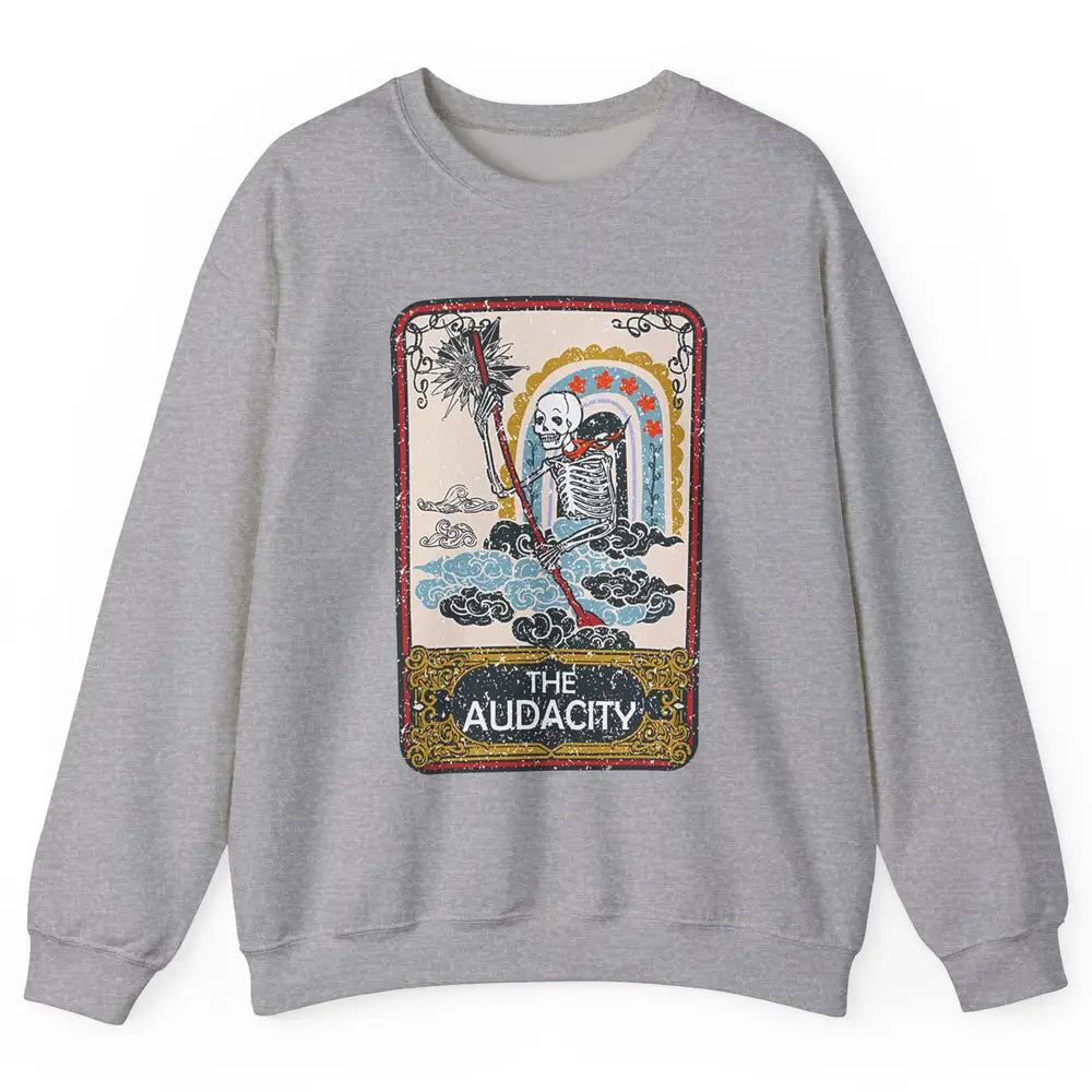 Retro Skeleton Riding Clouds Rainbow The Audacity Tarot Card Unisex Crewneck Sweatshirt