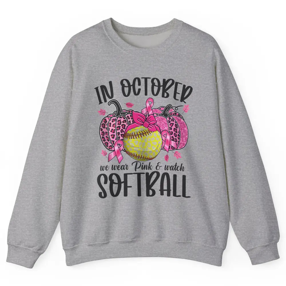 Softball Leopard Pumpkin In October Breast Cancer Awareness Unisex Crewneck Sweatshirt