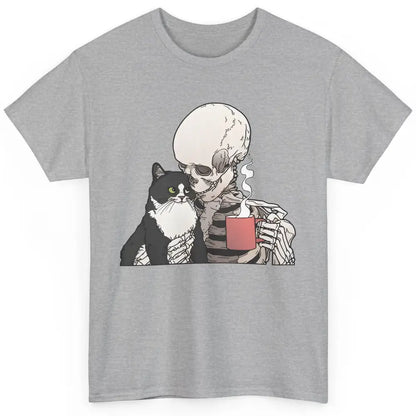 Funny Cat And Skeleton Drinking Coffee Best Friend Cat Lover Classic Unisex T-Shirt