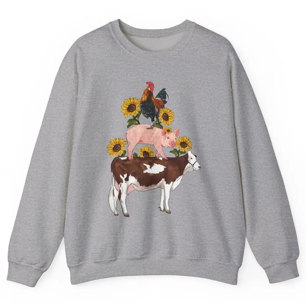 Sunflower Western Farm Life Animals Vegan Cow Pig Rooster Unisex Crewneck Sweatshirt