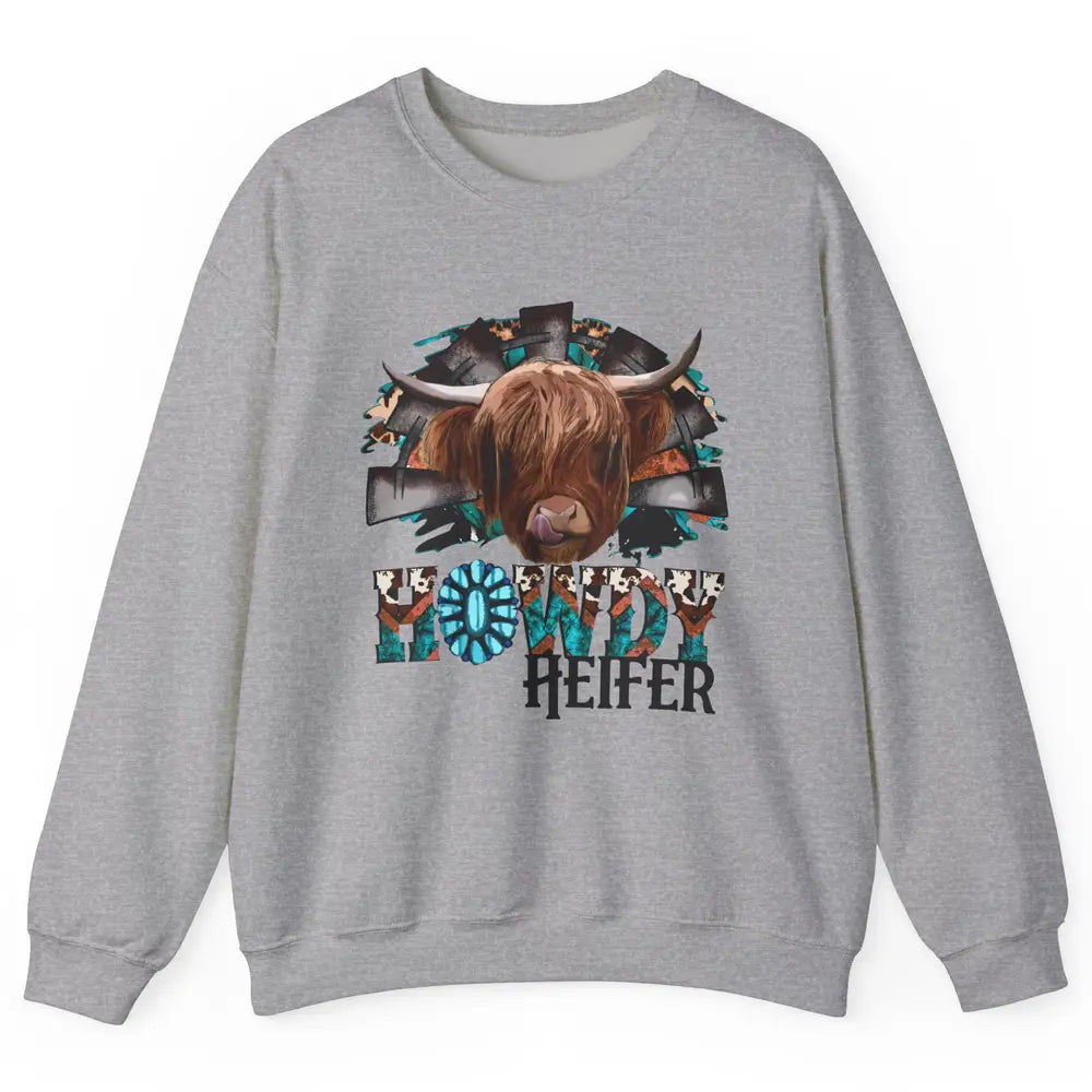 Leopard Highland Cow Howdy Heifer Western Country Cowboy Unisex Crewneck Sweatshirt