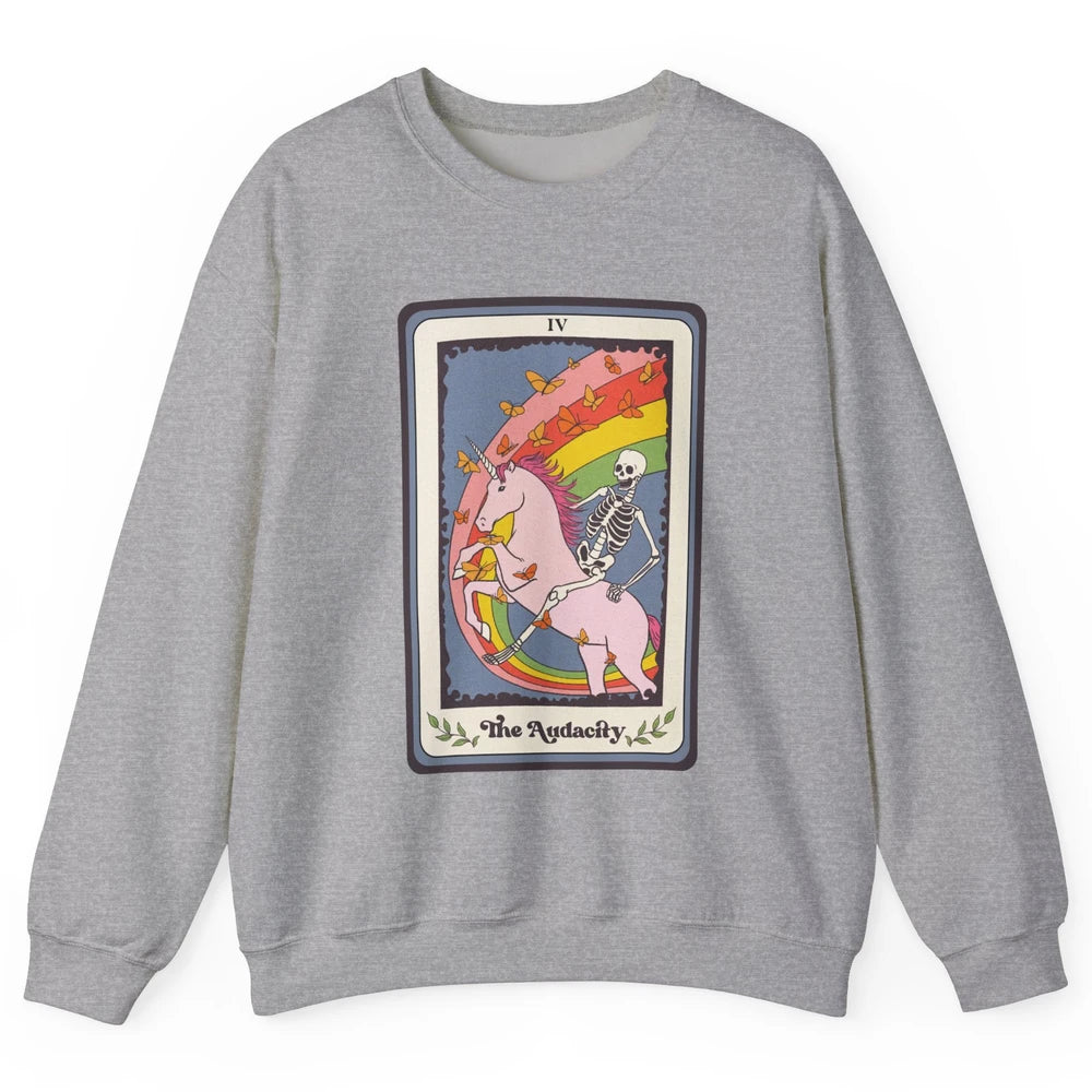 Retro Skeleton Rides Unicorn The Audacity Tarot Card Rainbow Unisex Crewneck Sweatshirt