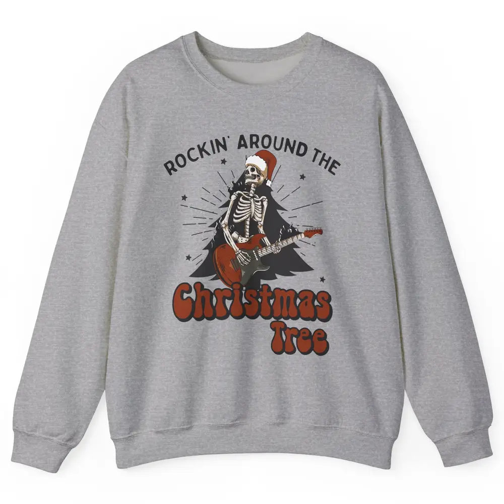 Skeleton Guitar Rocking Around Christmas Tree Western Xmas Unisex Crewneck Sweatshirt