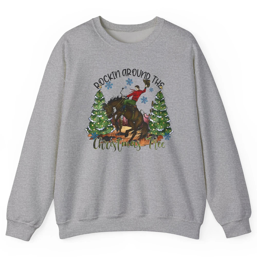 Funny Cowboy Horsing Rocking Around Christmas Tree Western Unisex Crewneck Sweatshirt