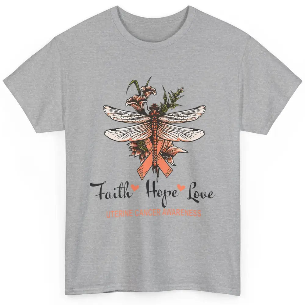 Faith Hope Love Dragonfly Peach Uterine Cancer Awareness Classic Unisex T-Shirt