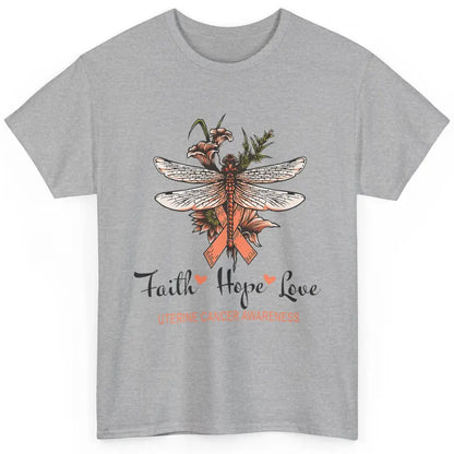 Faith Hope Love Dragonfly Peach Uterine Cancer Awareness Classic Unisex T-Shirt