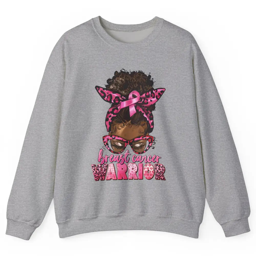 Afro Black Woman Breast Cancer Awareness Messy Bun Leopard Unisex Crewneck Sweatshirt