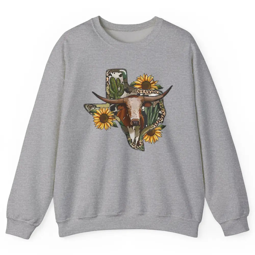 Texas Map Leopard Sunflower Western Texas Cow Longhorn Unisex Crewneck Sweatshirt