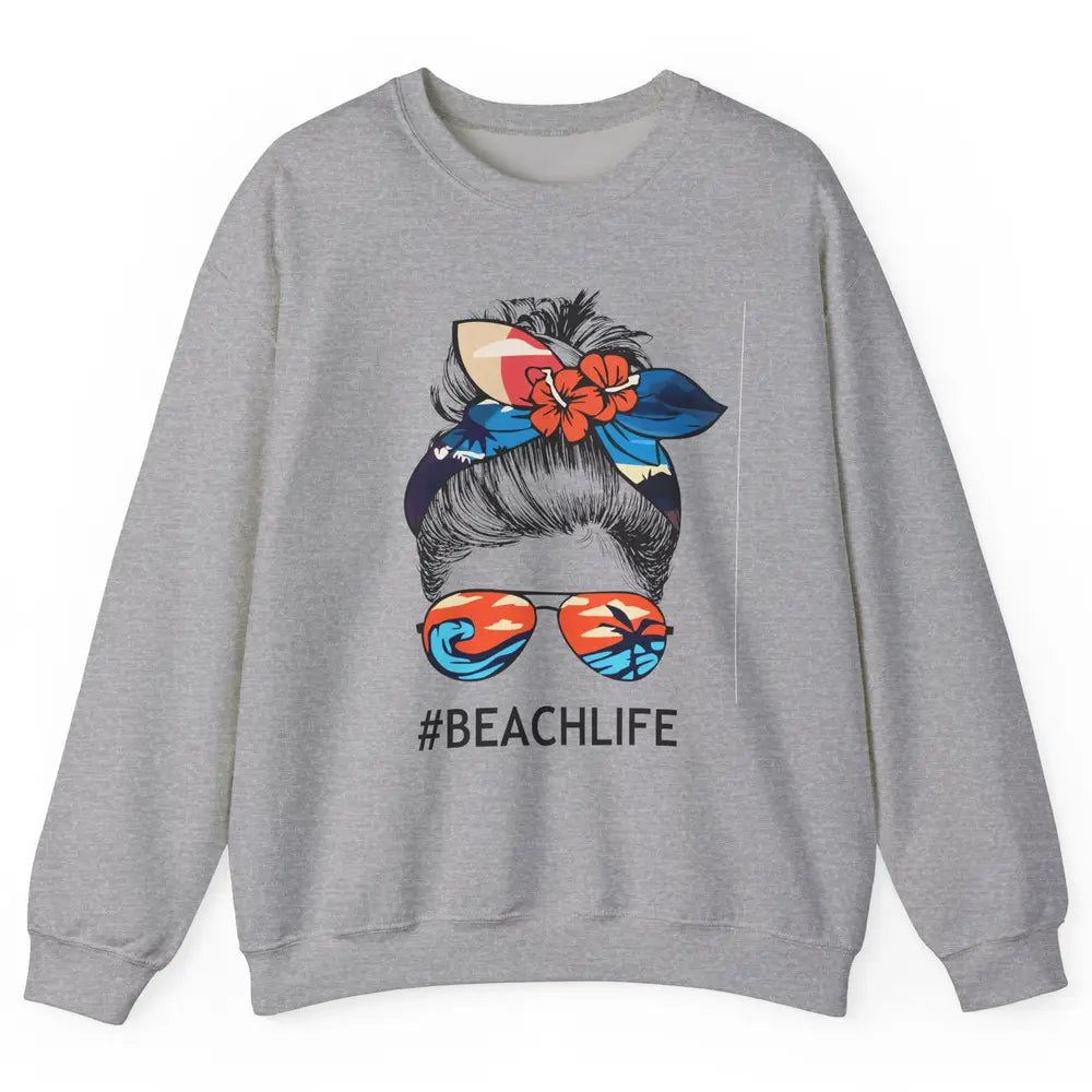 Beach Life Messy Bun Hawaiian Hair Retro Beach Palms Summer Unisex Crewneck Sweatshirt