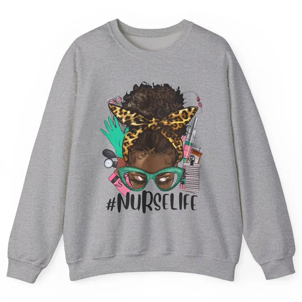 Afro Nurse Messy Bun Hair Black Melanin Nurse Life Leopard Unisex Crewneck Sweatshirt