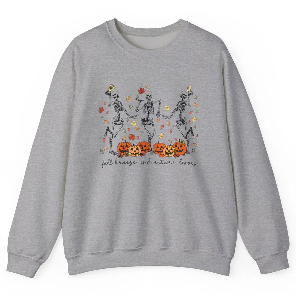 Retro Pumpkin Dancing Skeleton Fall Breeze And Autumn Leaves Unisex Crewneck Sweatshirt