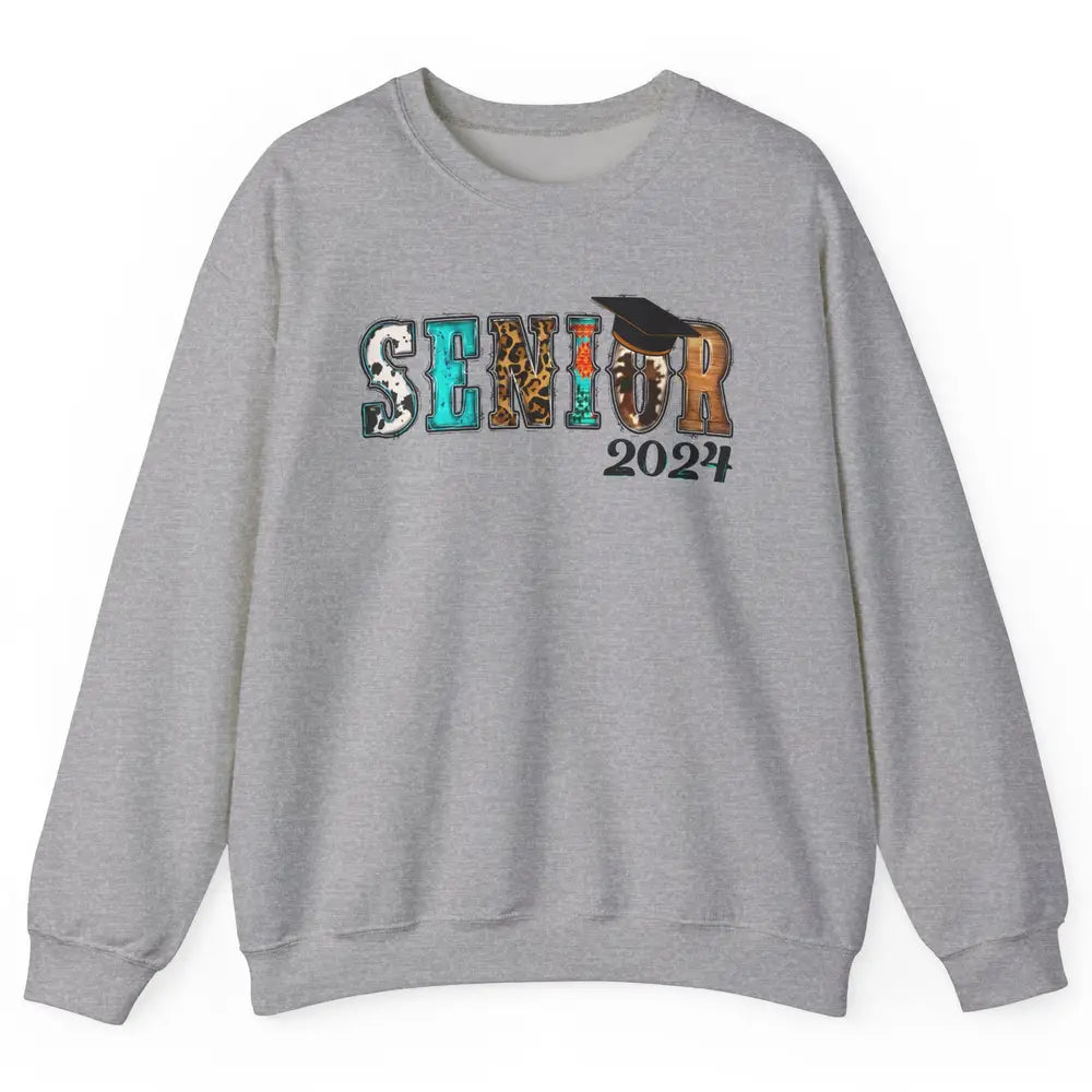 Sunflower Leopard Senior 2024 Graduate Bachelor Western Grad Unisex Crewneck Sweatshirt