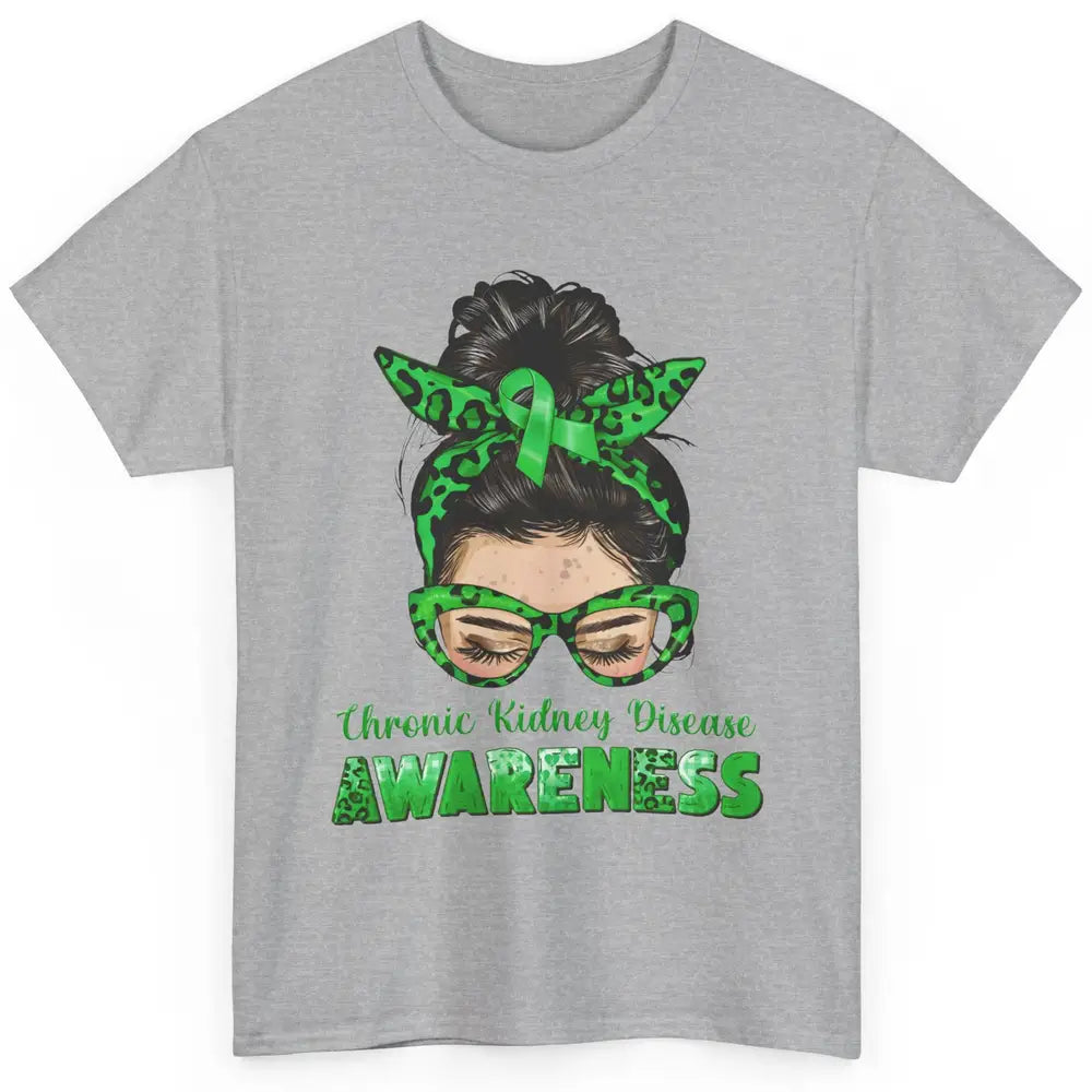 Chronic Kidney Disease Leopard Messy Bun Mom Green Ribbon Classic Unisex T-Shirt