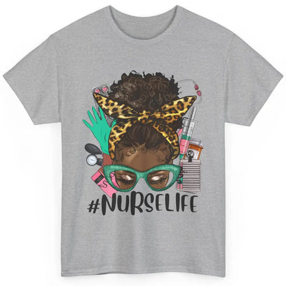 Afro Nurse Messy Bun Hair Black Melanin Nurse Life Leopard Classic Unisex T-Shirt