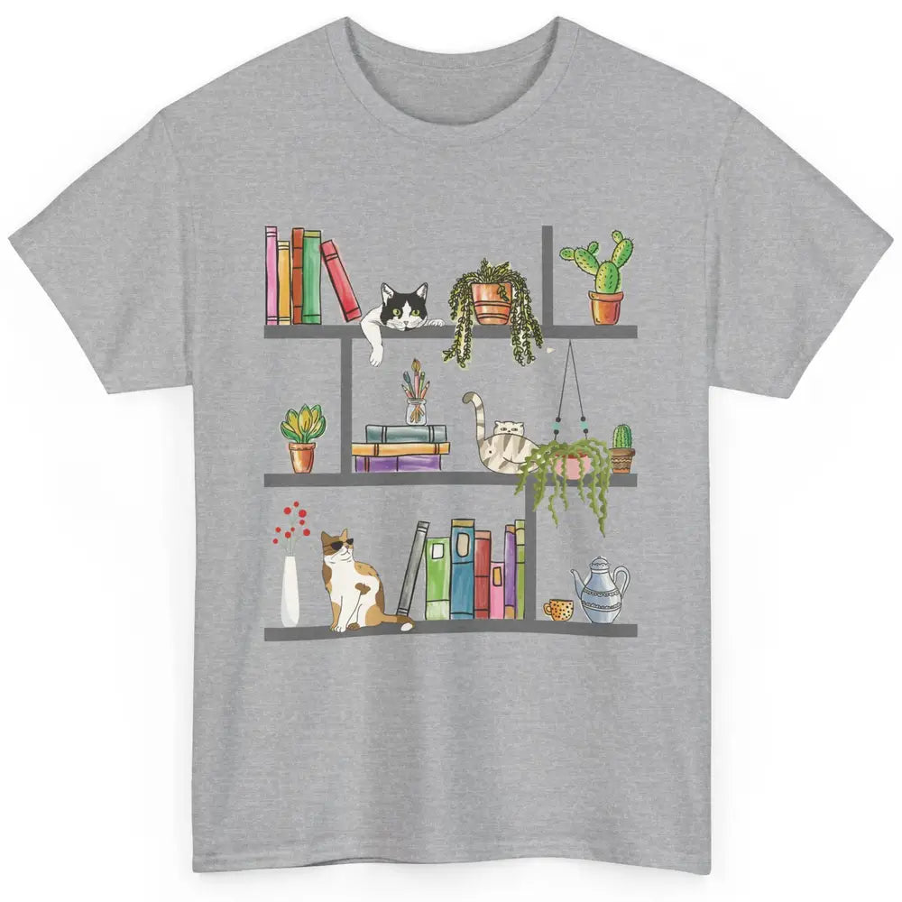 Funny Cats Lying On Floral Bookshelf Book Kitten Minimalist Classic Unisex T-Shirt