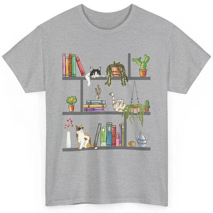 Funny Cats Lying On Floral Bookshelf Book Kitten Minimalist Classic Unisex T-Shirt