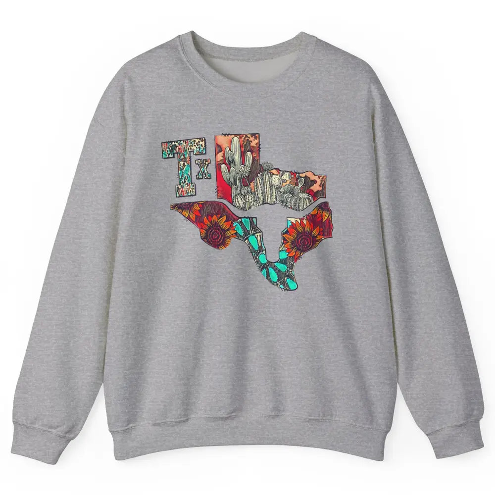 Texas Map Boho Texas State Leopard Western Desert Cactus Unisex Crewneck Sweatshirt