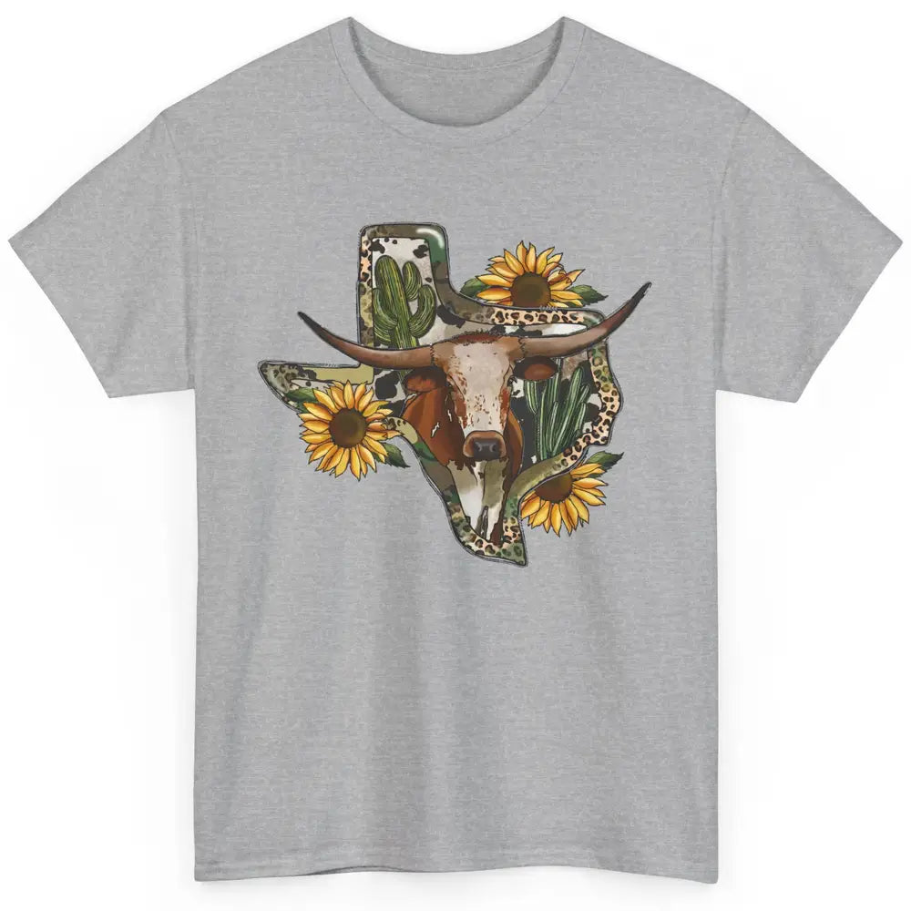 Texas Map Leopard Sunflower Western Texas Cow Longhorn Classic Unisex T-Shirt