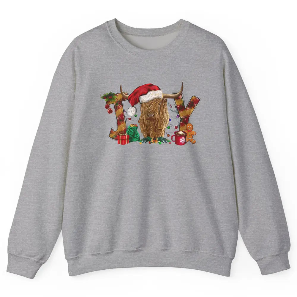 Highland Cow Joy Santa Hat Gingerbread Christmas Farm Gift Unisex Crewneck Sweatshirt