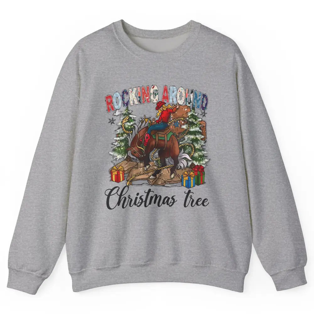 Funny Cowgirl Horsing Rocking Around Christmas Tree Western Unisex Crewneck Sweatshirt