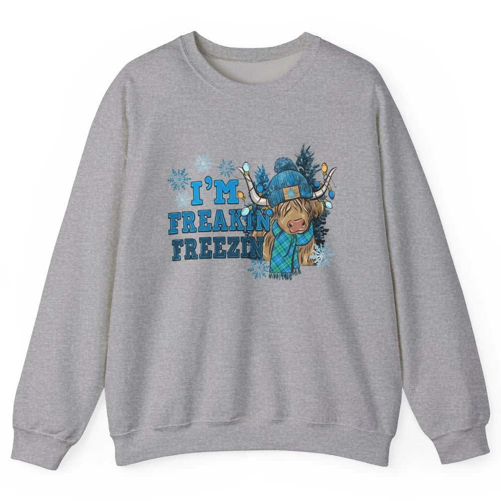 Funny Christmas Highland Cow I'm Freaking Freezing Western Unisex Crewneck Sweatshirt