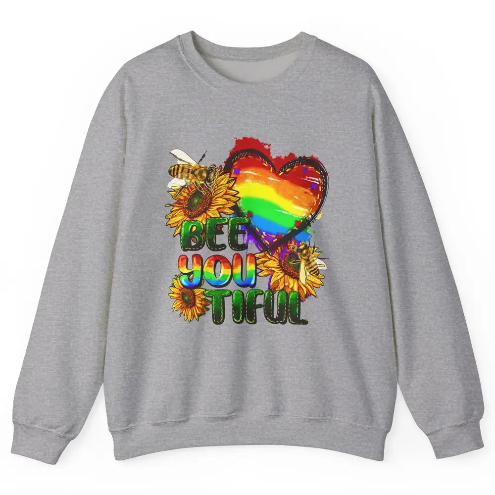 Bee You Tiful Pride Heart Rainbow Sunflower LGBT Pride Month Unisex Crewneck Sweatshirt