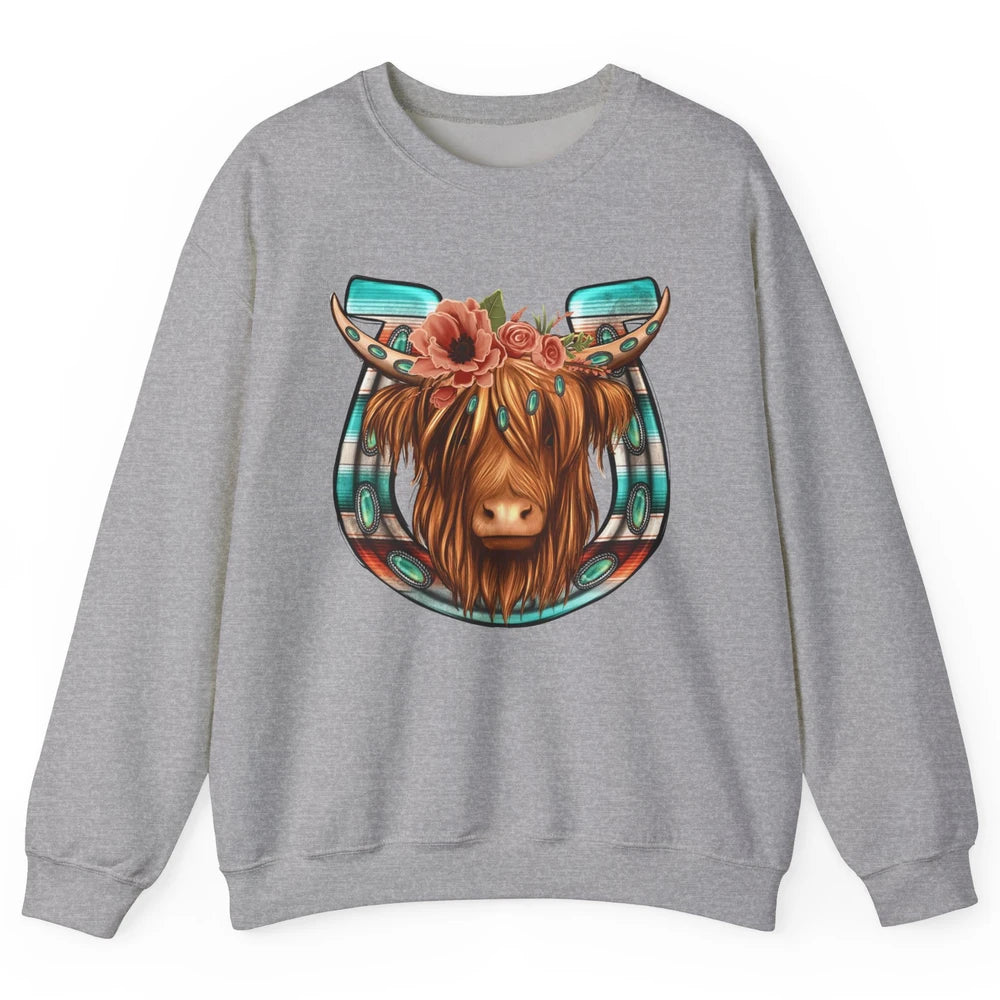 Floral Highland Cow Heifer Horseshoe Western Country Cowboy Unisex Crewneck Sweatshirt