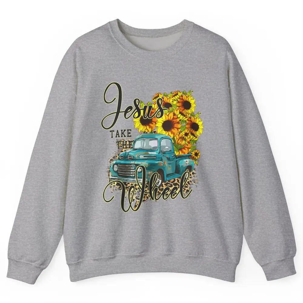 Sunflower Jesus Take The Wheel Christian Leopard God Bible Unisex Crewneck Sweatshirt