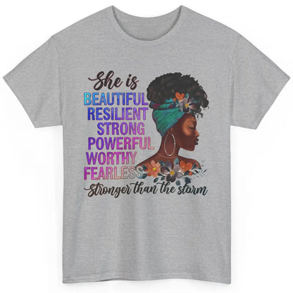 Floral Afro Woman She Is Stronger Than The Storm Religious Classic Unisex T-Shirt