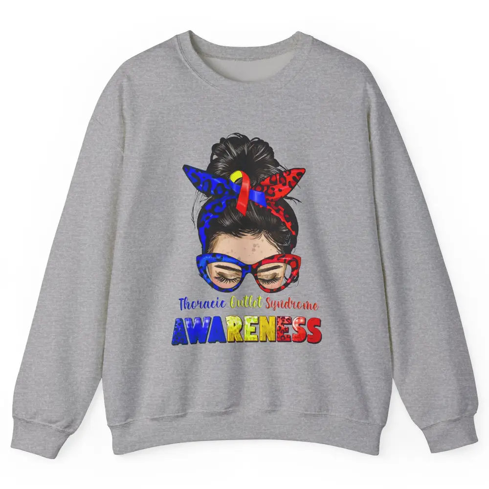 Thoracic Outlet Syndrome Ribbon Leopard Messy Bun Glasses Unisex Crewneck Sweatshirt