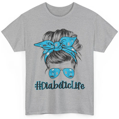 Diabetic Life Mom Messy Bun Blue Ribbon Diabetes Awareness Classic Unisex T-Shirt