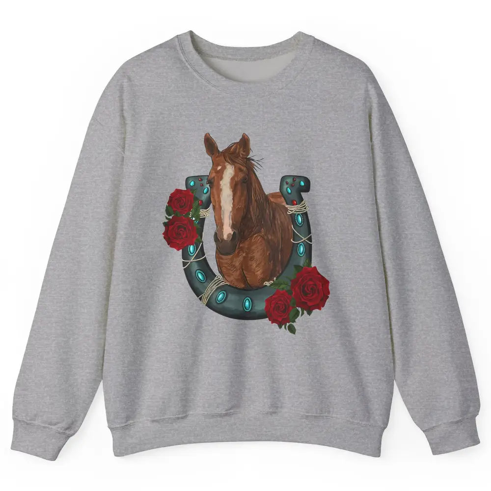 Western Country Texas Cowgirl Floral Horseshoe Horse Riding Unisex Crewneck Sweatshirt