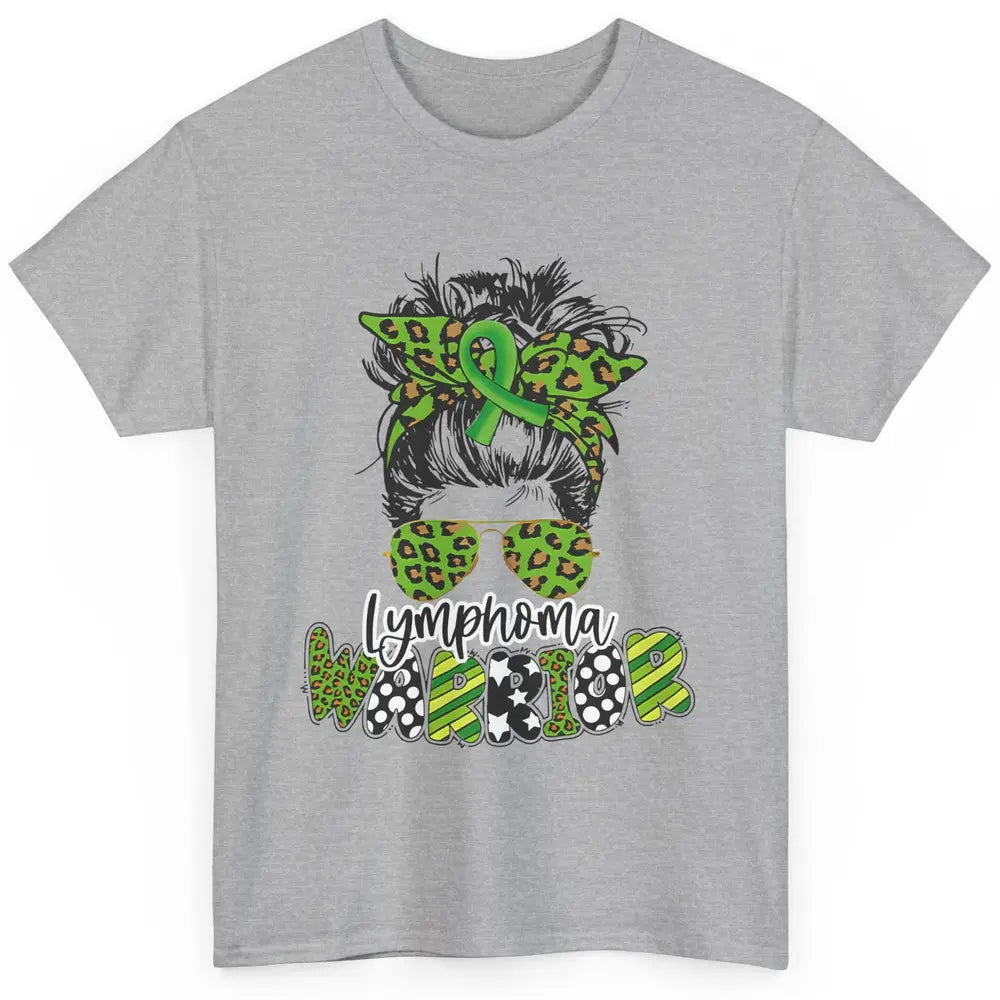 Warrior Fight Lymphoma Cancer Green Leopard Ribbon Messy Bun Classic Unisex T-Shirt