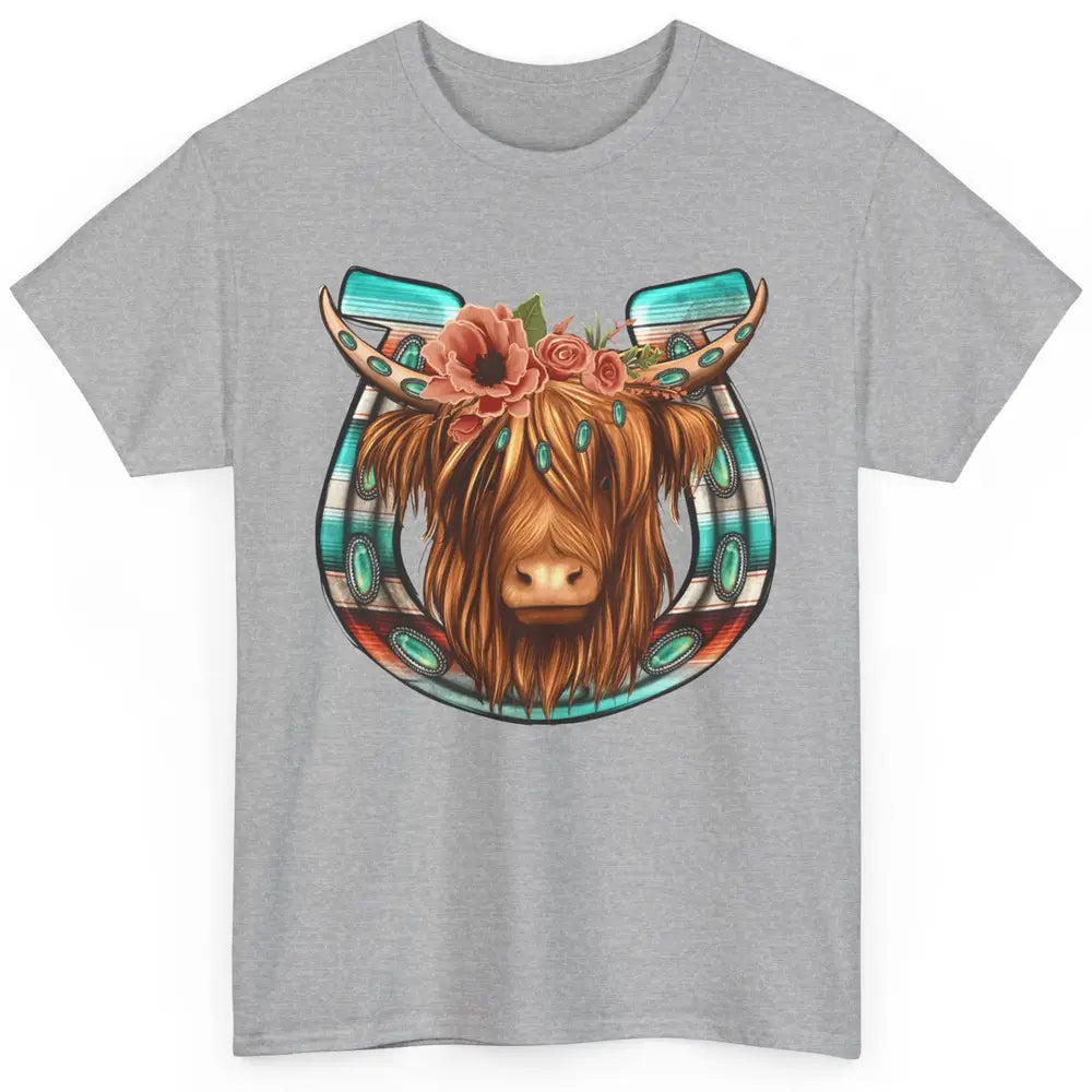 Floral Highland Cow Heifer Horseshoe Western Country Cowboy Classic Unisex T-Shirt