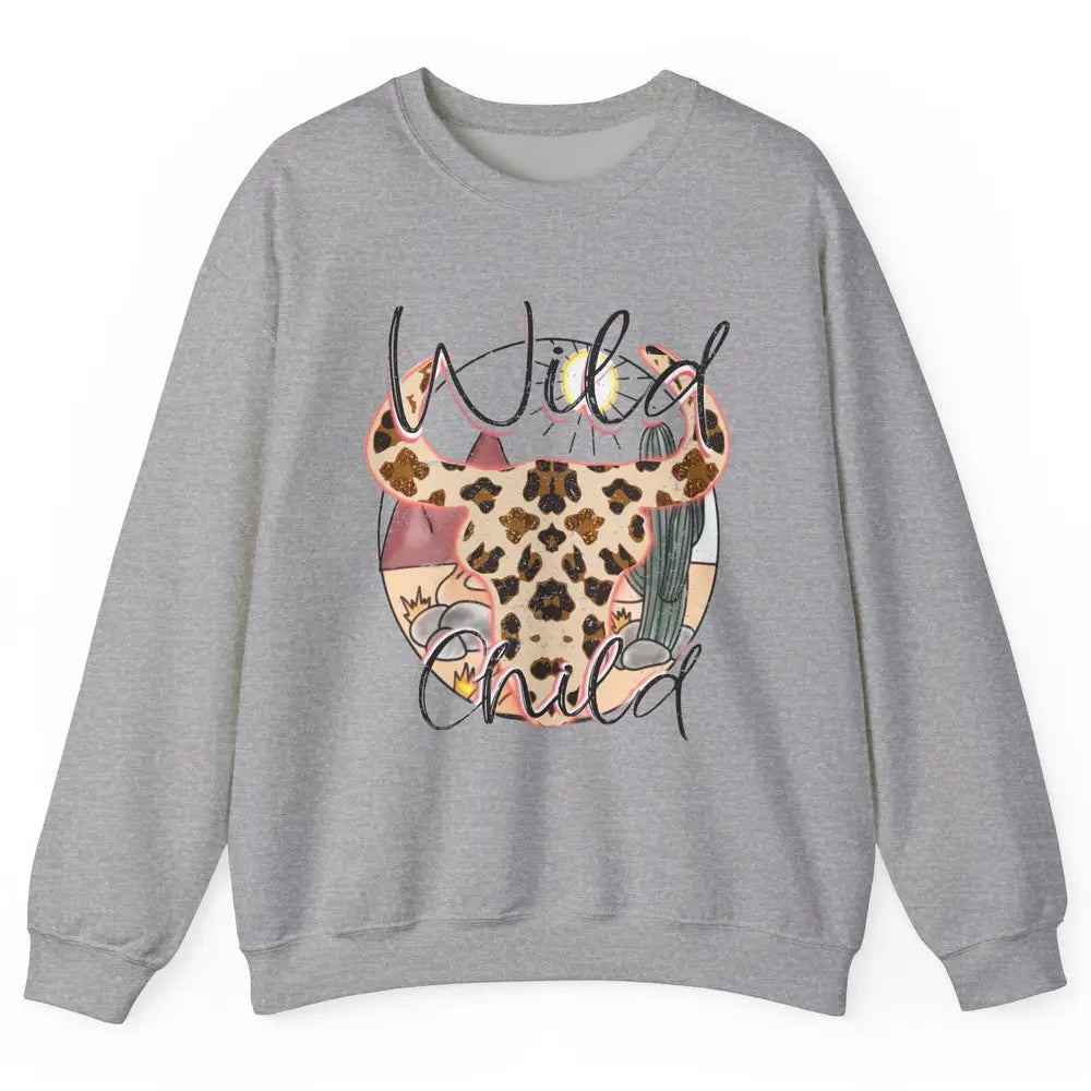 Boho Bull Skull Wild Child Desert Cactus Western Country Unisex Crewneck Sweatshirt